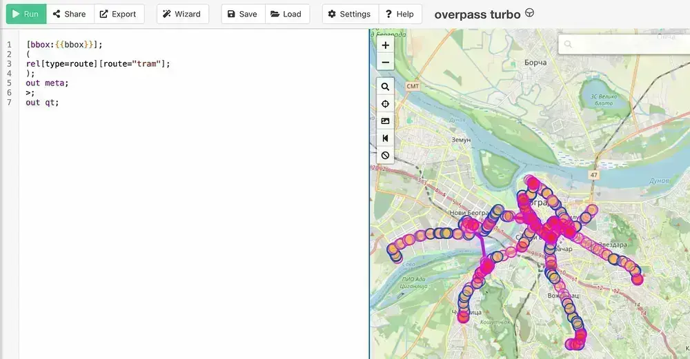 Exemple d'utilisation de OverPass Turbo pour trouver des itinéraires de transport en commun.