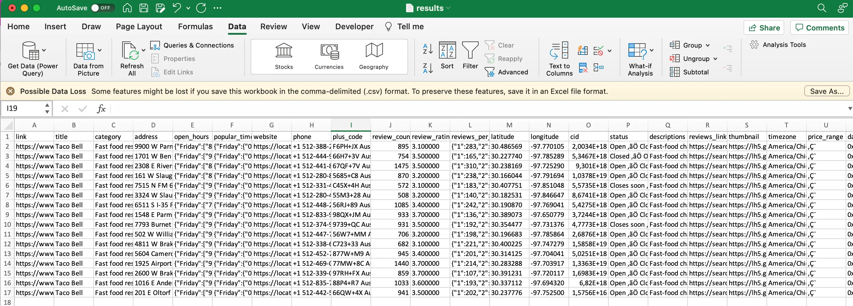Résultat dans Microsoft Excel